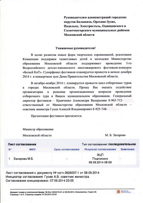 Письмо поддержки фестиваля Белый КиТ Министерством образования Московской области
